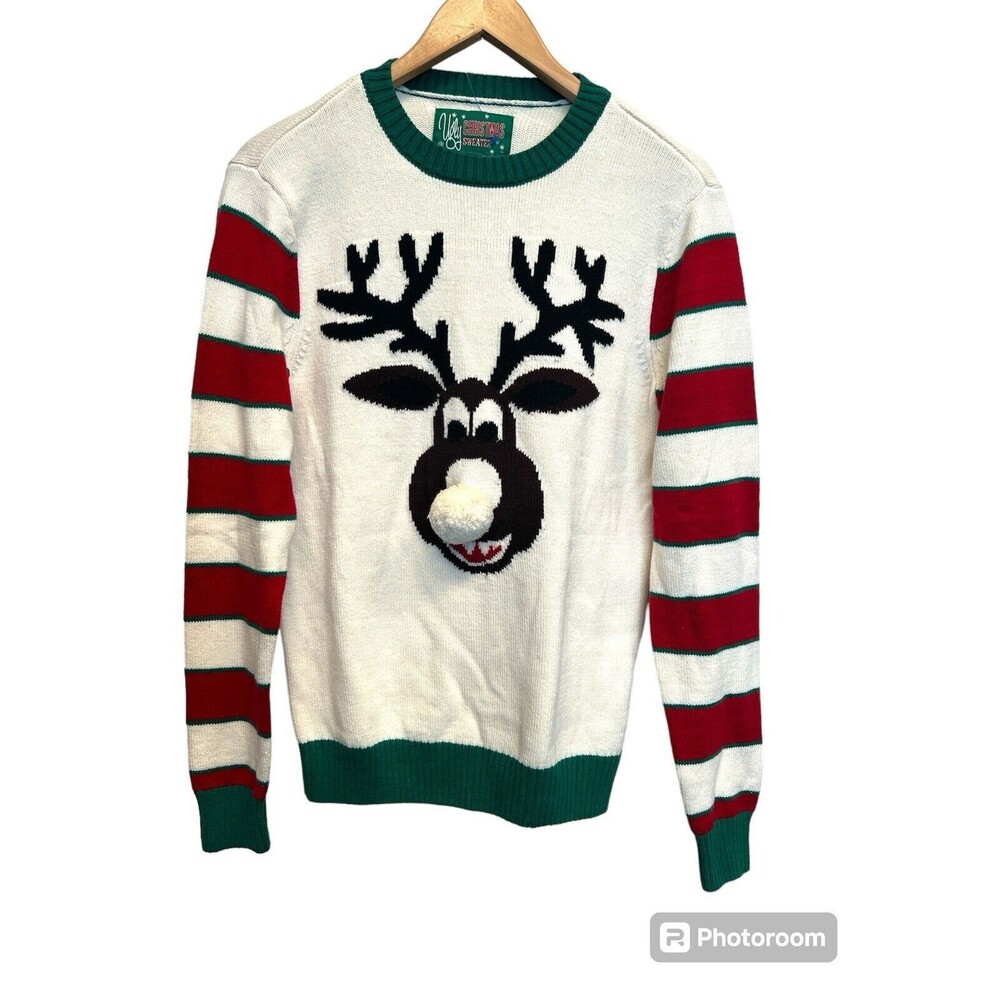 Ugly Christmas Sweater Reindeer Crew Neck - Red, Green, White